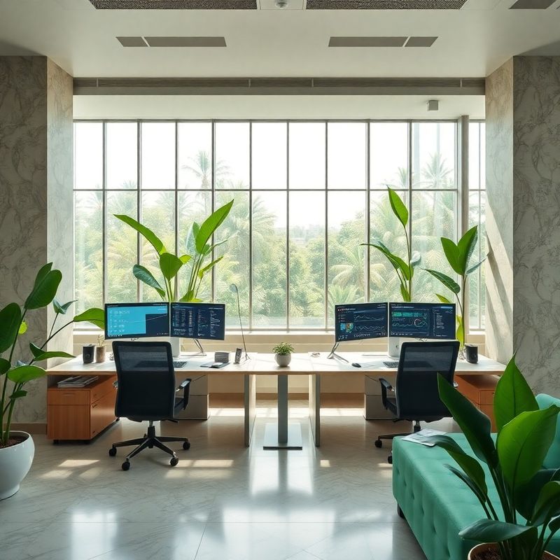 Espaço de trabalho colaborativo em Brasília com monitores e plantas verde-menta