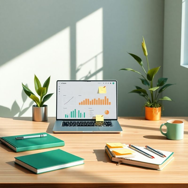 Mesa de trabalho minimalista com dashboard editorial em laptop